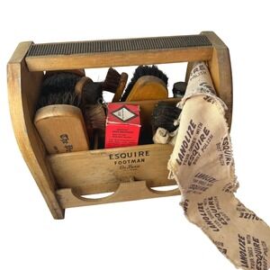 Vintage Esquire Footman De Luxe Wooden Shoe Shine Valet Kit 13pc Lot Brushes